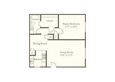 Floor plan for 1 bed, 1 bath, 700 sqft